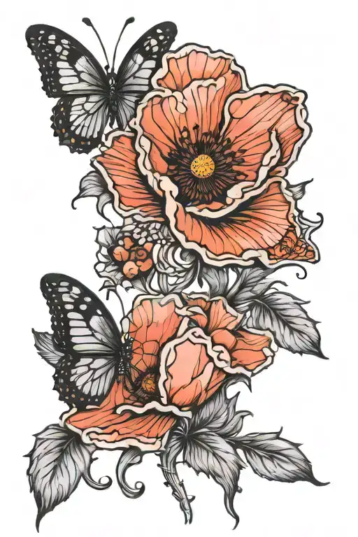 3 poppy, 1 butterfly emerging tattoo design idea