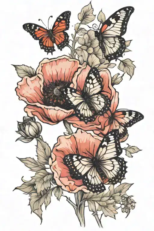 3 poppy blooming, 1 butterfly resting tattoo design idea