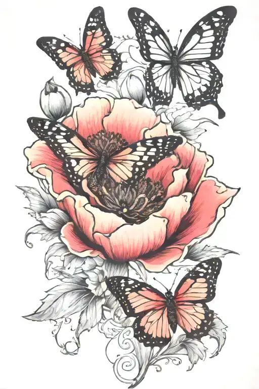 3 poppy blooming, 1 butterfly resting tattoo design idea