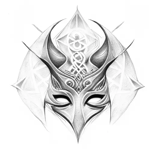 Mask, enveloping mist, symbols, runes, signs, magic, mysteries, spirituality. tattoo design idea