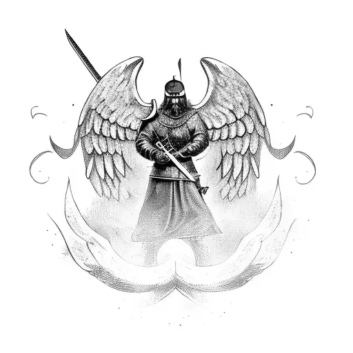 Viking soldier arch angel with wings holding a sword tattoo design idea