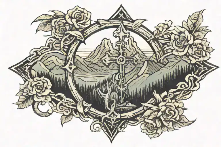 cross surrounded my mountain range tattoo design idea