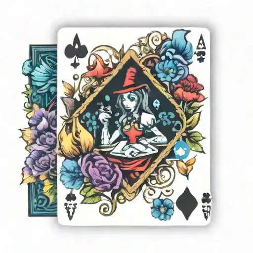 ace of spades playing card with colorful mushrooms and Alice in wonderland standing in front magical looking  tattoo design idea