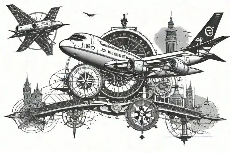 Jet plane , air traffic tower, compass, runway, C6FAS,  tattoo design idea