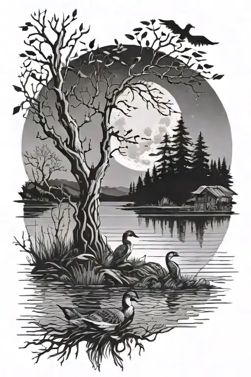 gothic, nature, trees, and full moon shining on a lake, with animals like ducks, loons, raccoons, and skunks tattoo design idea