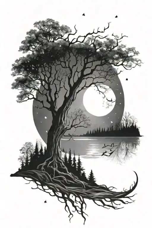 gothic, nature, trees, and full moon surrounded by stars tattoo design idea