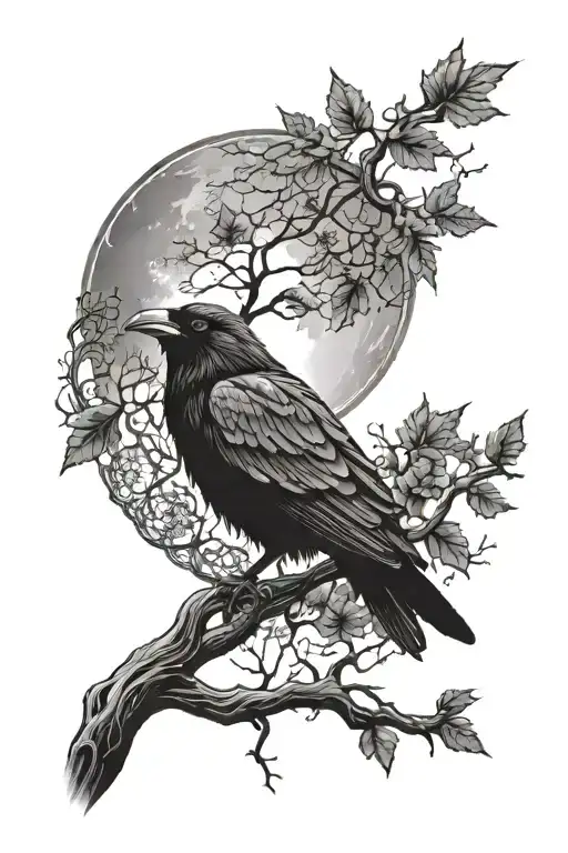 lace, raven, gothic, nature, trees, and full moon shining tattoo design idea
