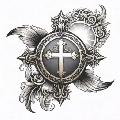 The tattoo design features a top section with a traditional cross surrounded by radiant rays of light or a halo, symboli tattoo design idea