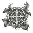 Top: Cross with rays of light or a halo. Middle: Detailed baseball with family tree branches wrapping around it, leaves  tattoo design idea