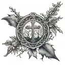 Top: Cross with rays of light or a halo. Middle: Detailed baseball with family tree branches wrapping around it, leaves  tattoo design idea