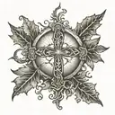 Top: Cross with rays of light or a halo. Middle: Detailed baseball with family tree branches wrapping around it, leaves  tattoo design idea