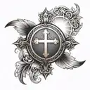 The tattoo design features a top section with a traditional cross surrounded by radiant rays of light or a halo, symboli tattoo design idea