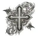 The tattoo design features a top section with a traditional cross surrounded by radiant rays of light or a halo, symboli tattoo design idea