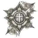 The tattoo design features a top section with a traditional cross surrounded by radiant rays of light or a halo, symboli tattoo design idea