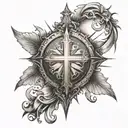 The tattoo design features a top section with a traditional cross surrounded by radiant rays of light or a halo, symboli tattoo design idea