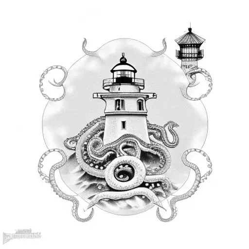 lighthouse at the top and octopus around an anchor at the bottom and a rose in the middle tattoo design idea