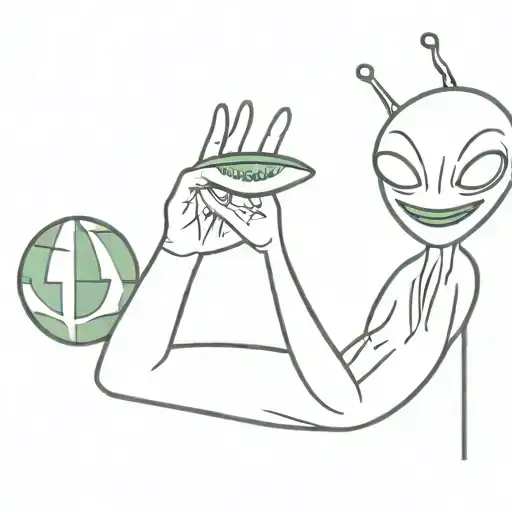 Alien holding water melon giving peace sign  tattoo design idea