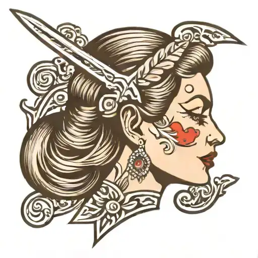 traditional lady head profile sword through head tattoo design idea