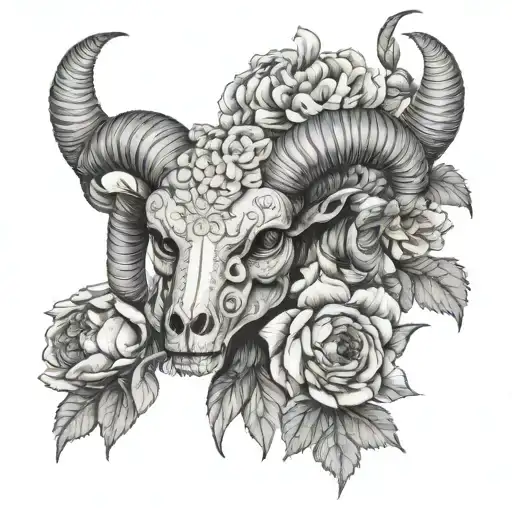 ram skull flower tattoo