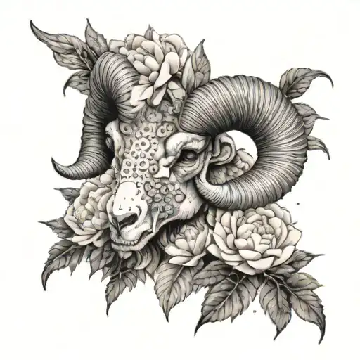 Aries ram skull surrounded by peonies in a dotwork style tattoo design idea
