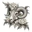 Aries ram skull surrounded by peonies in a dotwork style tattoo design idea
