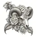 Aries ram skull surrounded by peonies in a dotwork style tattoo design idea