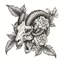 Aries ram skull surrounded by peonies in a dotwork style tattoo design idea