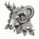 Aries ram skull surrounded by peonies in a dotwork style tattoo design idea
