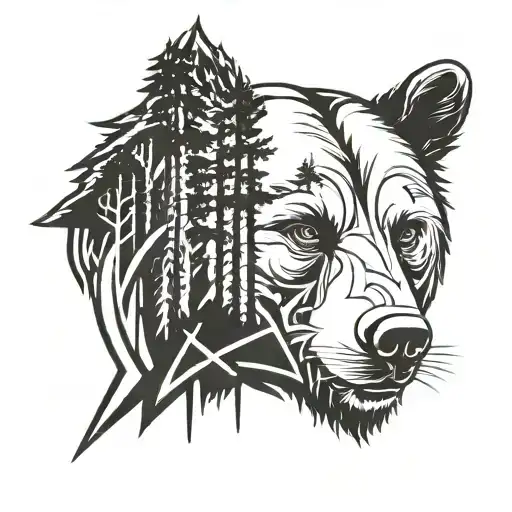 pine forest under bear face profil tattoo design idea