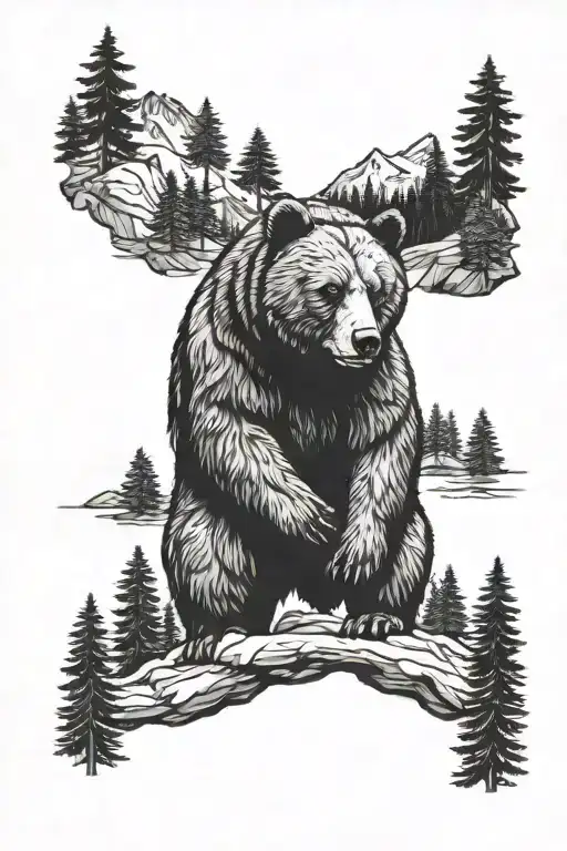 bear and forest tattoo design idea