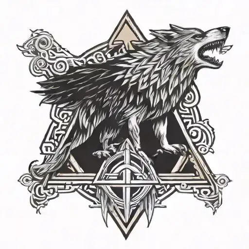 Half sleeve tattoos with: FENRIR WOLF, valknut logo, ODIN CROWS Hugin and Munin tattoo design idea