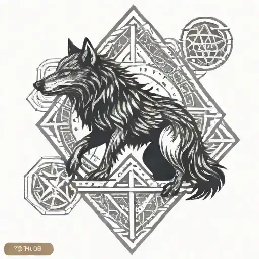 Half sleeve tattoos with: FENRIR WOLF, valknut logo, ODIN CROWS Hugin and Munin tattoo design idea
