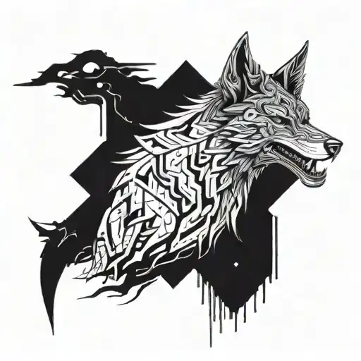 A futuristic cyberpunk interpretation of Fenrir the wolf from Norse mythology tattoo design idea