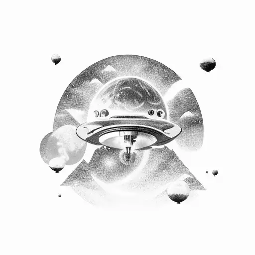 ELO spaceship flying over a black-grey landscape tattoo design idea