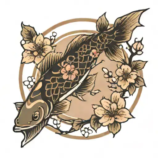 cherry blossom tree branch circle with fish swimming tattoo design idea