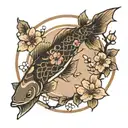 cherry blossom tree branch circle with fish swimming tattoo design idea