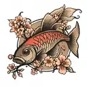 cherry blossom tree branch circle with fish swimming tattoo design idea