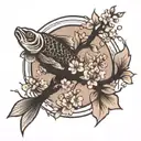 cherry blossom tree branch circle with fish swimming tattoo design idea