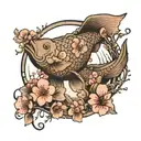 cherry blossom tree branch circle with fish swimming tattoo design idea