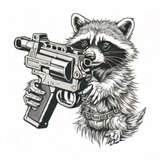 aggressive raccoon in the style of anime characters shoots from a gun tattoo design idea