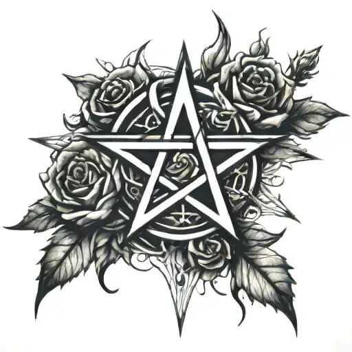Pentagram made of twisted thorns and dark roses tattoo design idea