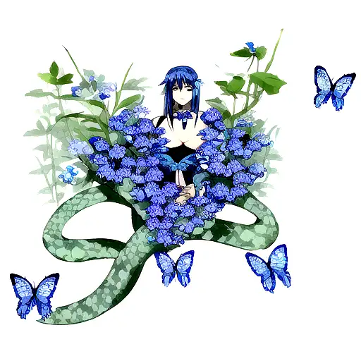 Snake made of blue butterfly flowers tattoo design idea