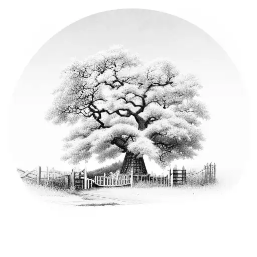 rural gate and flamboyant tree tattoo design idea