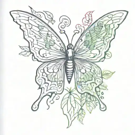 A psychedelic design combining with vibrant marijuana leaves and butterfly wings tattoo design idea