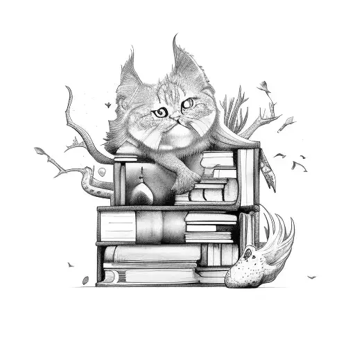 Bookshelf filled with magical creatures tattoo design idea