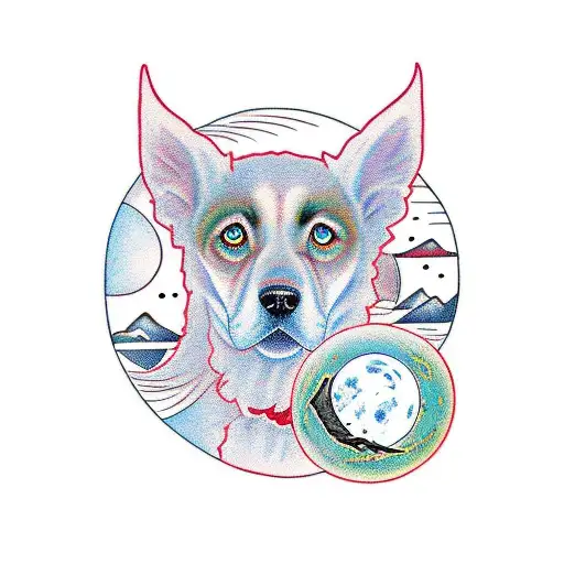 A surreal landscape tattoo featuring a dog howling at the moon in the shape of the Dominican Republic, with a hiking trail winding through the scene tattoo design idea