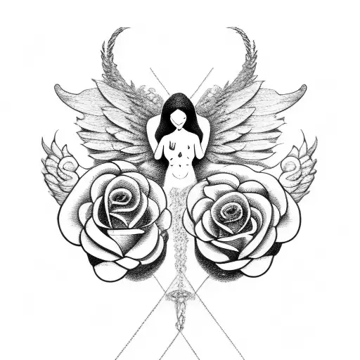 Praying Angel with roses around it stomach tattoo men tattoo design idea
