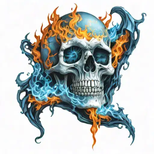 skull on fire with blue flames coming tattoo design idea