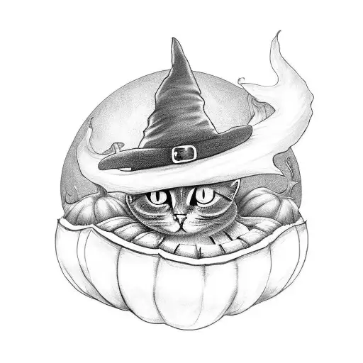 A black cat sitting on a pumpkin with a witch's hat tattoo design idea