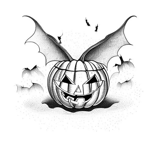 A blackwork tattoo of a witch's cauldron filled with Halloween-themed objects like bats, witches' hats, and pumpkins tattoo design idea